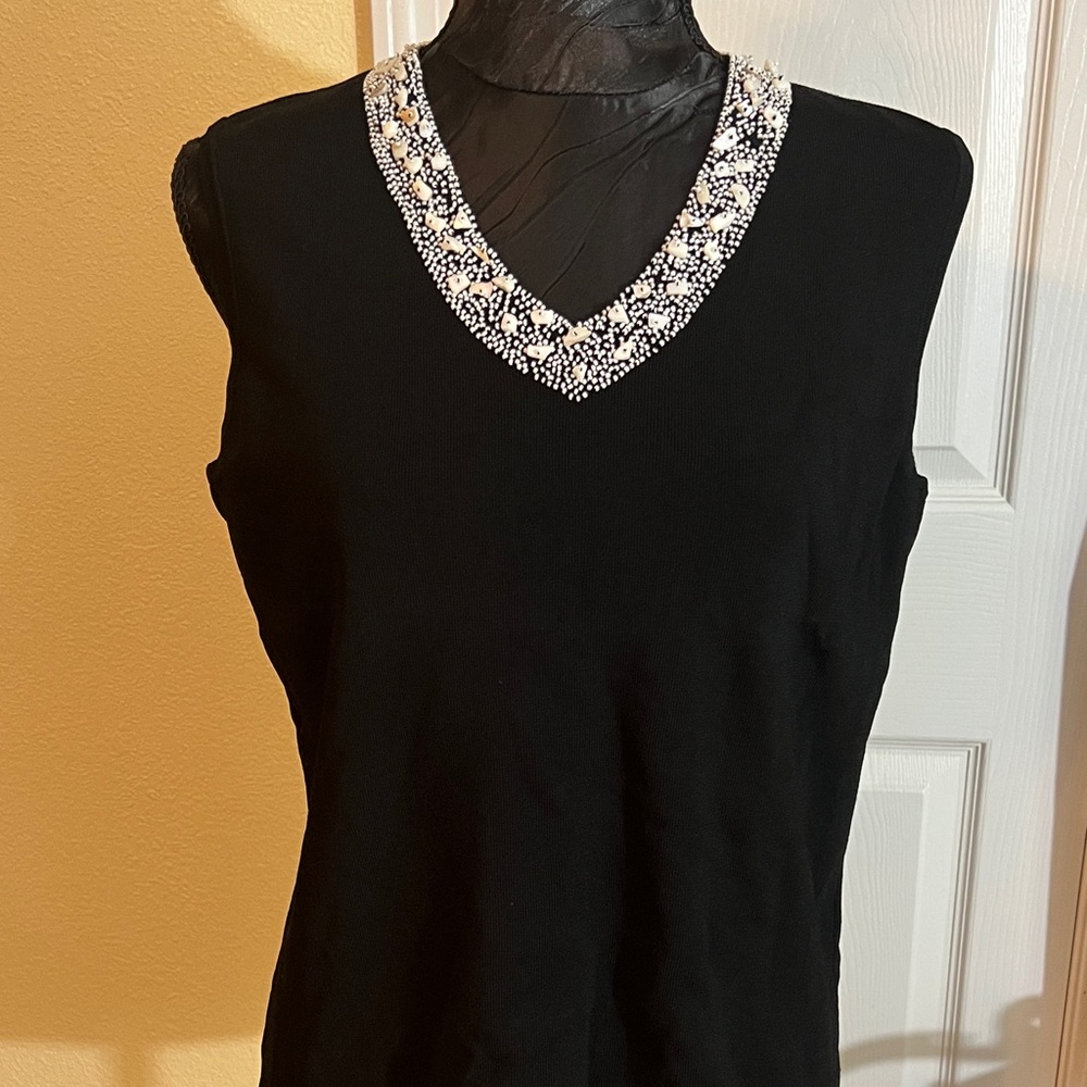 Laura Ashley Black Tank Top with Beaded V-Neck